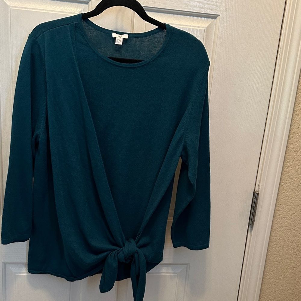 J. Jill Teal Faux Wrap Sweater with Knot Detail 3/4 Sleeve Cotton Blend Size L